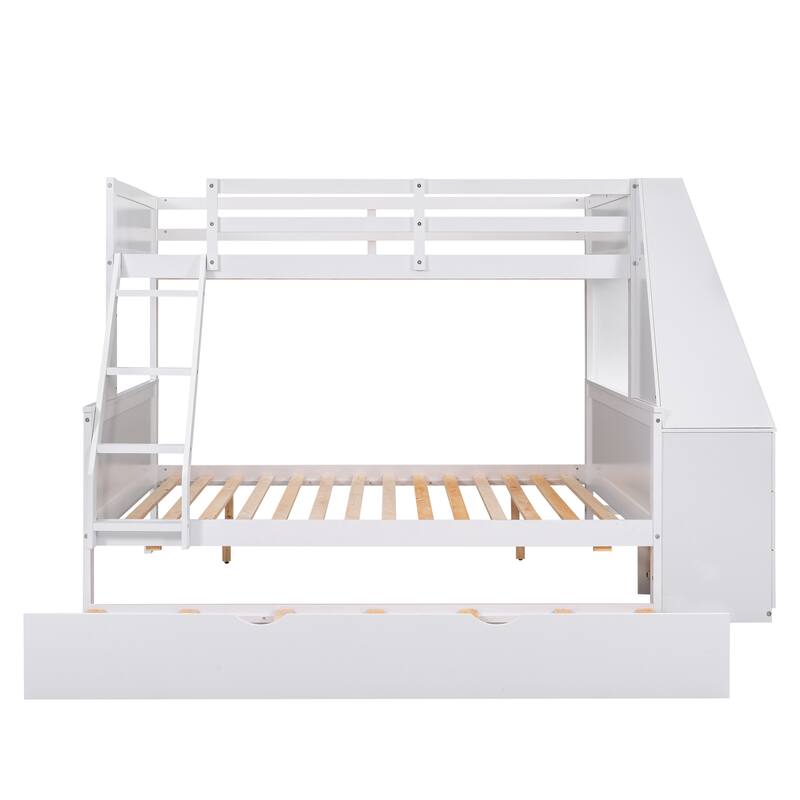 Twin over Full Bunk Bed with Trundle, Built-in Desk, Storage Drawers, and Shelf, White