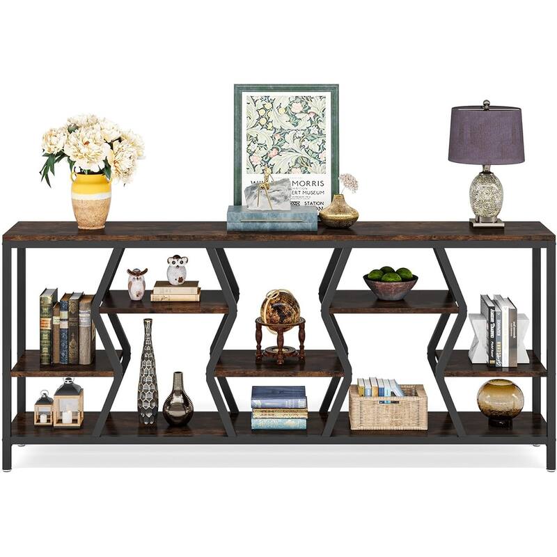 70.9" Industrial Sofa Console Table with 4 Tier Wood Storage Shelves for Hallway, Living Room, Foyer