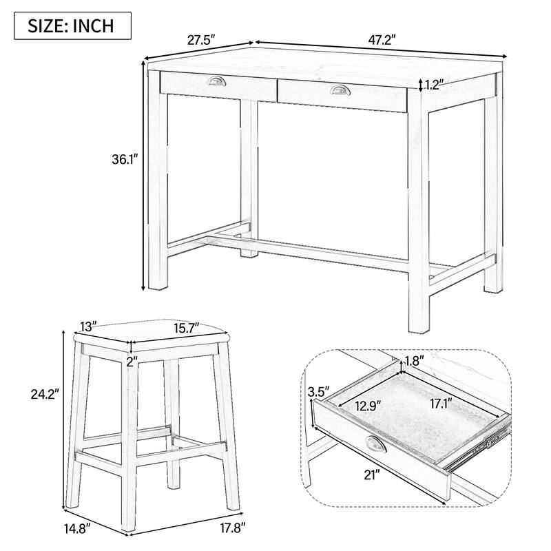 Modern Style Faux Marble Versatile Bar Table Set with Storage Drawers and Padded Stools