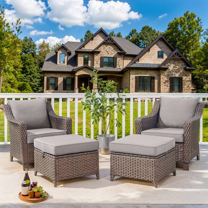 4 Pieces Rattan Chair with Ottomans - Brown - Grey - Brown