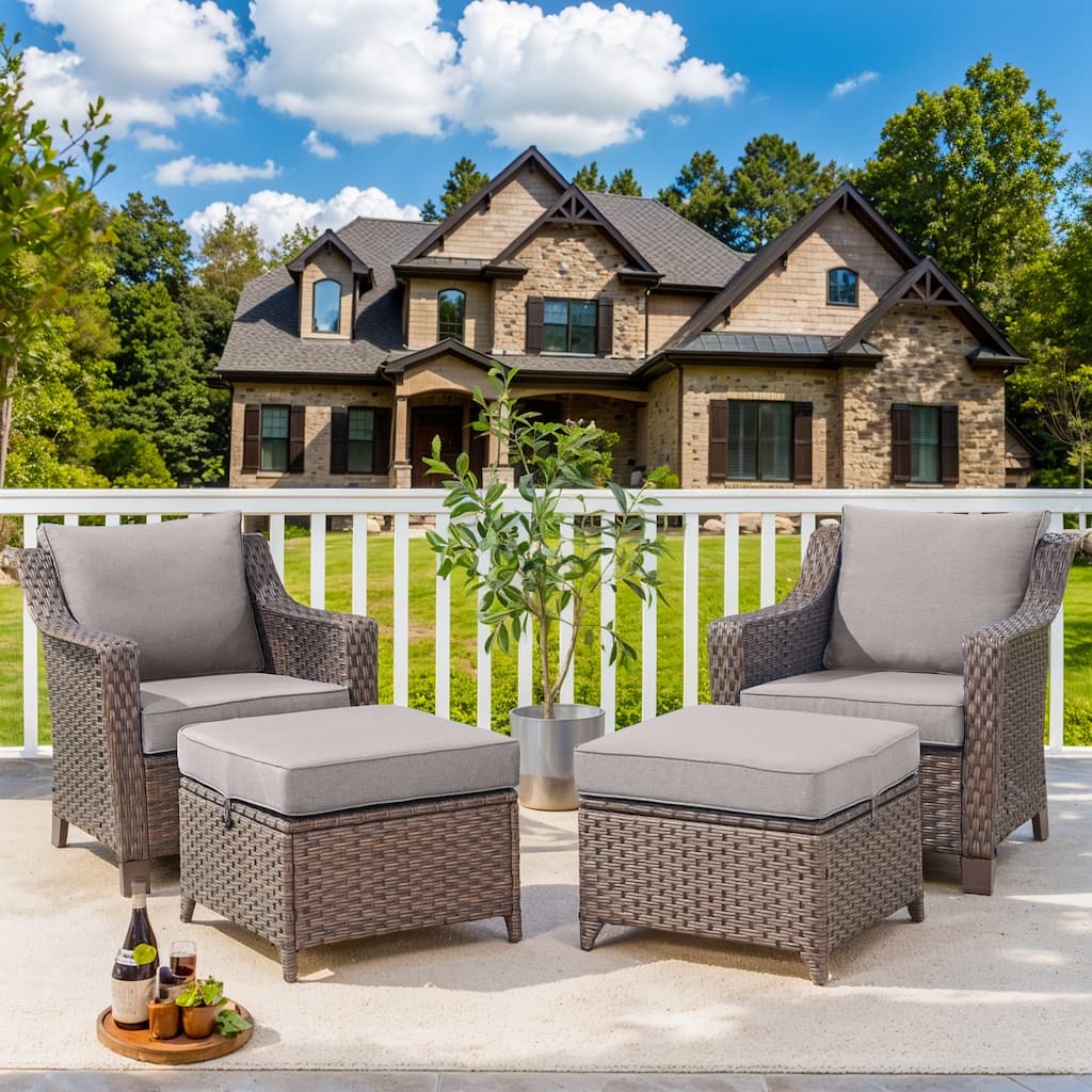 4 Pieces Rattan Chair with Ottomans - Brown