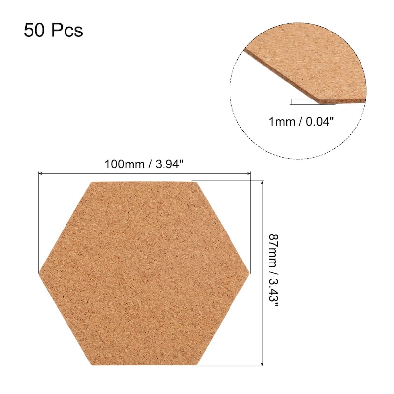 50pcs Self Adhesive Cork Coasters Cork Mats Cork, Hexagon - Wood - 3.4"x 4"x 0.04"