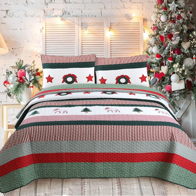 Cozy Line Christmas Wreath 3-Piece Quilt Bedding Set - King