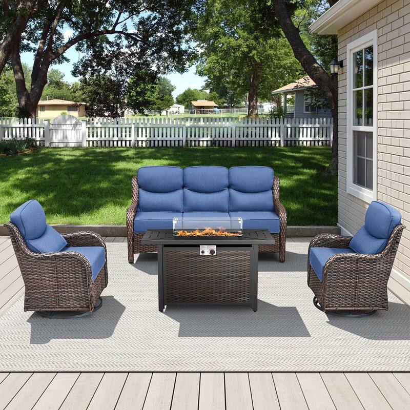 Arcadia 4-Piece PE Wicker Patio Seating Set with Durable All-Iron Fire Pit and 6-Inch Cushions