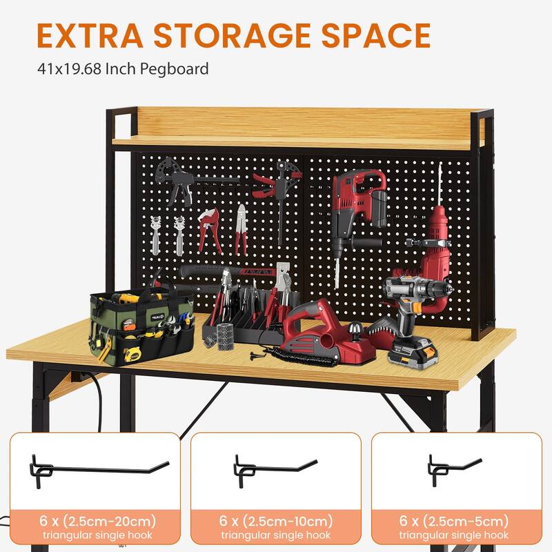 48''Adjustable Workbench with pegboard,Heavy Duty Wooden Desktop Workbench with Wheels,1600 lb.Load Capacity,with AC/USB Outlet
