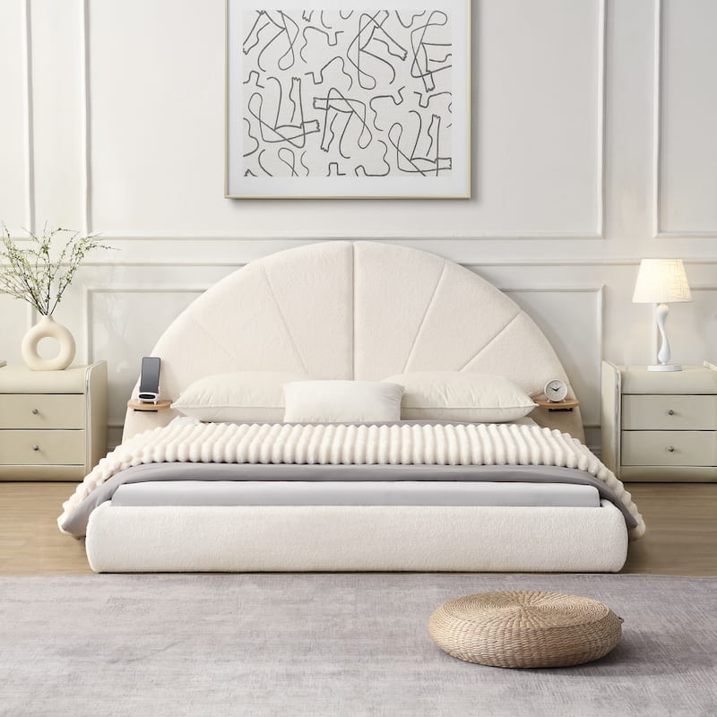 Queen Size Upholstered Bed, Beige Low Profile Boucle Bed Arched Headboard Wingback Bed with Small Table, Platform Bed - Beige - Queen