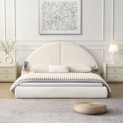 Queen Size Upholstered Bed, Beige Low Profile Boucle Bed Arched Headboard Wingback Bed with Small Table, Platform Bed