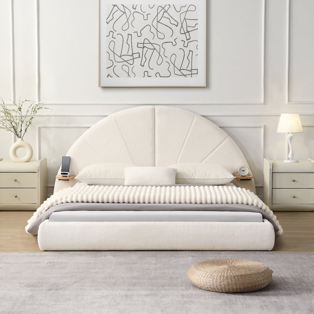 Queen Size Upholstered Bed, Beige Low Profile Boucle Bed Arched Headboard Wingback Bed with Small Table, Platform Bed