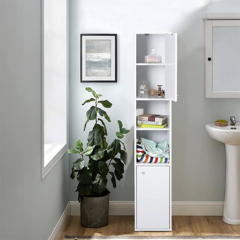 HomyLin White MDF Wood 63-Inch Tall Linen Tower Bathroom Cabinet Narrow Storage Organizer with 6-Shelve