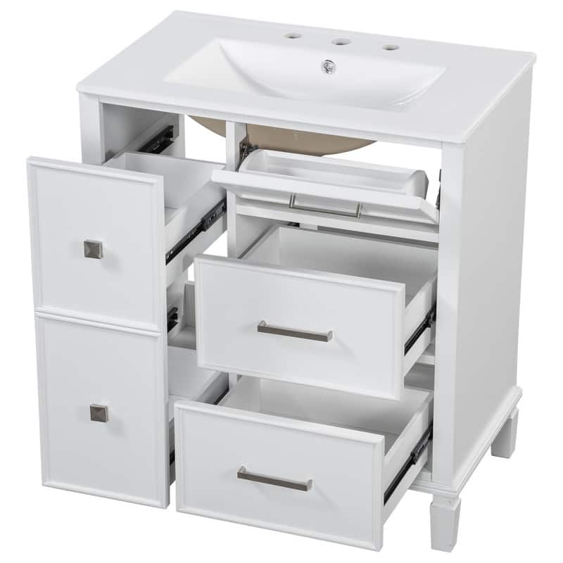 30 Inch Bathroom Vanity with Ceramic Sink, Flip-Out Drawer, Soft Close Drawers