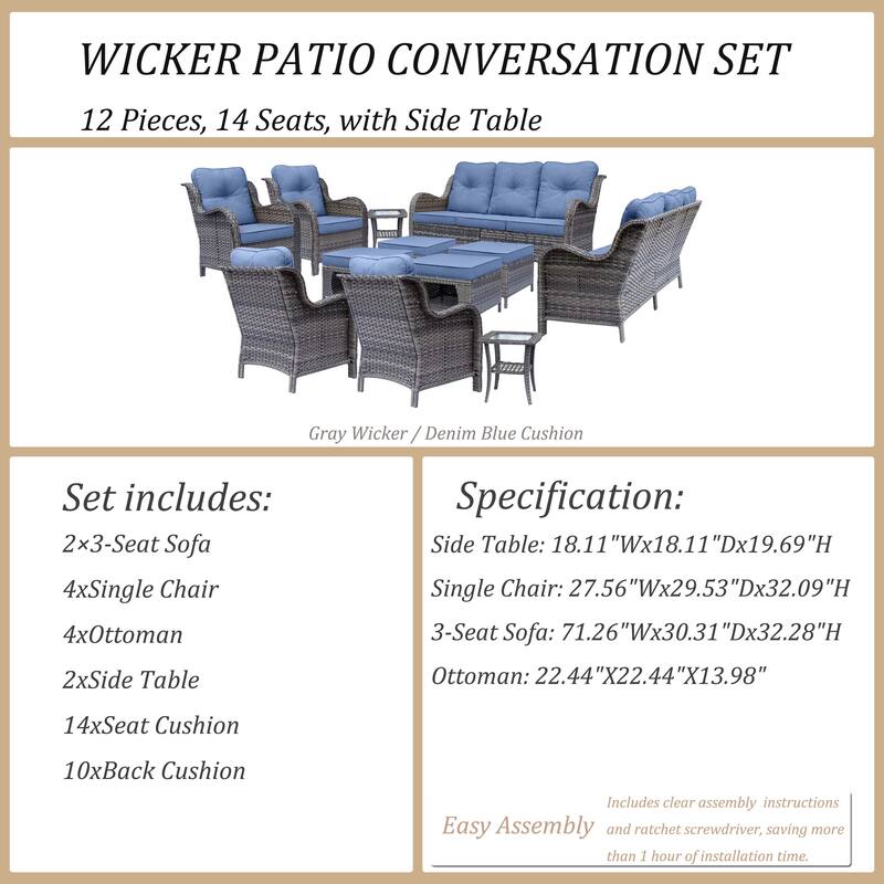 12 Piece Outdoor Wicker Patio Conversation Furniture Seating Sofa Sets