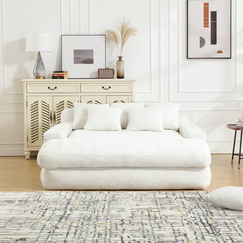 Chenille double spacious lazy sofa Living room Comfortable deep seat sofa with five pillows - White