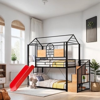 Twin Over Twin Metal Housebed with Slide and Storage Stair, Black & Red