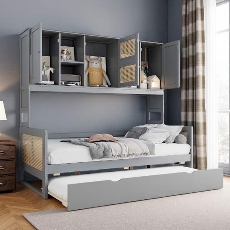 Wood Full Size Daybed with Built-In Storage Cabinet, Shelves & Twin Trundle, Rattan Accent, No Box Spring Needed - Twin Gray - Twin