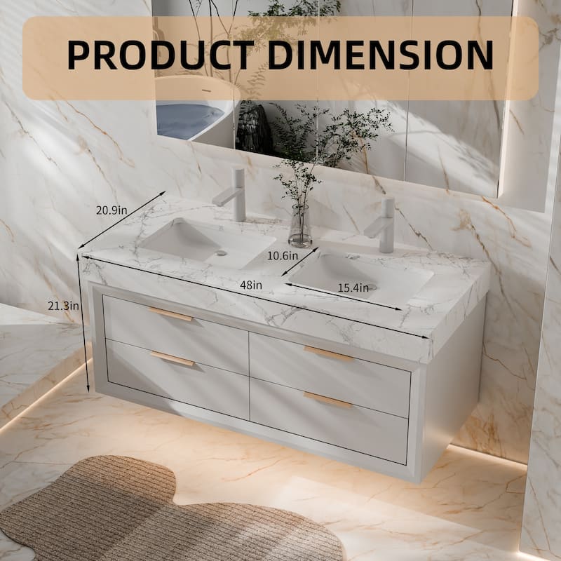 Modland 48" Wall-Mount Double Vanity with LED Light & 6 Drawers - Solid Oak, White / Green - 48 inch