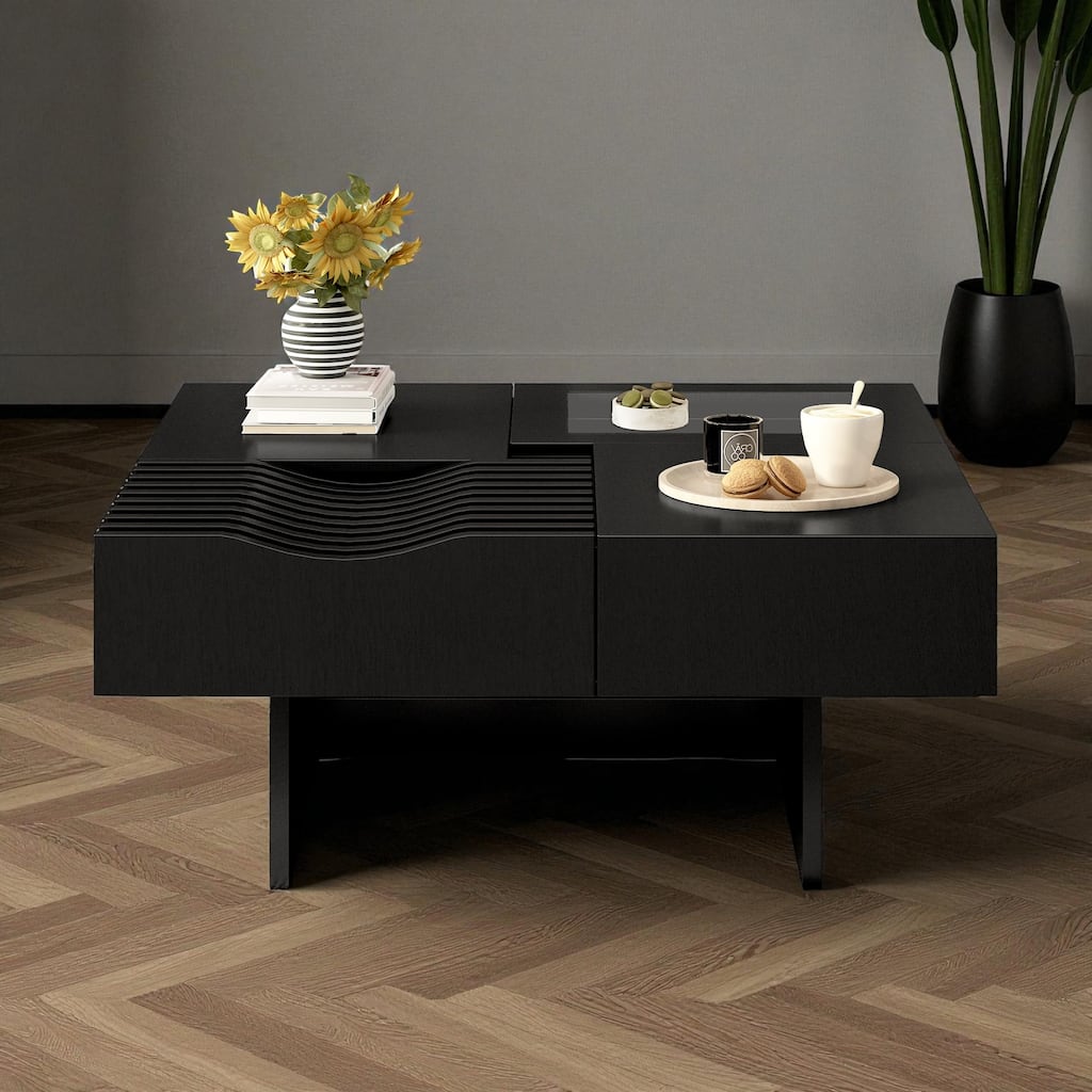 33'' Mid-Century Modern Square Coffee Table with 3 Drawers, Tempered Glass Top, Solid Wood Legs for Living Room