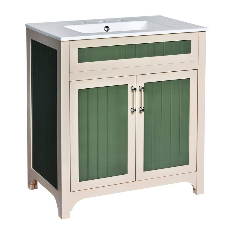 30 Inch Single Sink Freestanding Bathroom Vanity in Green with White Ceramic Top