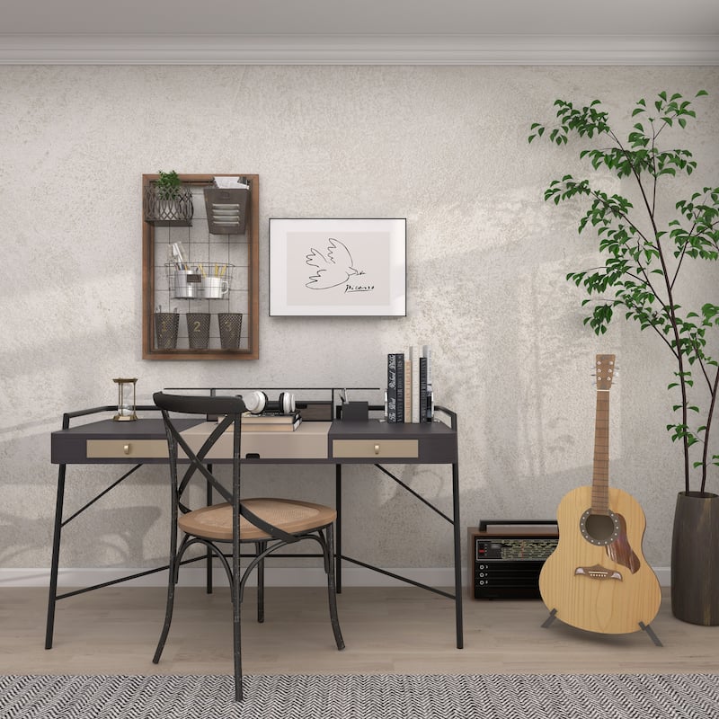 Brown Metal 1 Slot and 5 Baskets Magazine Rack Holder with Suspended Baskets and Label Slot