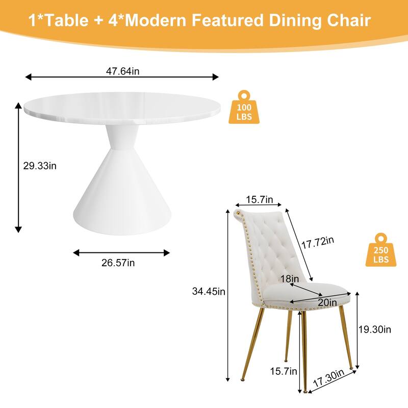 48" Light Luxury White High Gloss Large Countertop Dining Table with Velvet Dining Chair Set