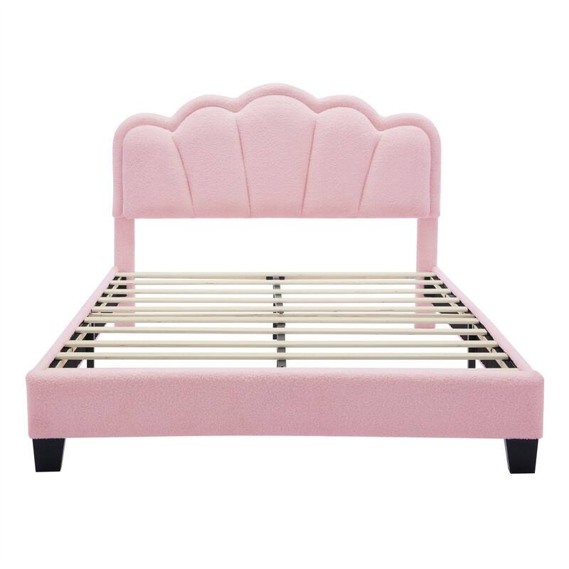 Upholstered Platform Bed with Flower-Shaped Headboard & LED Light Strip, Twin/Full Size Sherpa Fabric Bed Frame w/ Slats Support