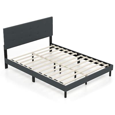 Dark Gray Upholstered Queen Platform Bed Frame with Button Tufted Headboard Wooden Slats and Storage Space