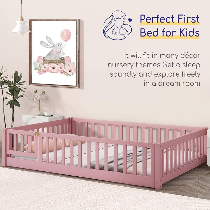 Twin/Full/Queen Size Floor Bed with Safety Guardrails, Toddler Floor Bed for Girls and Boys