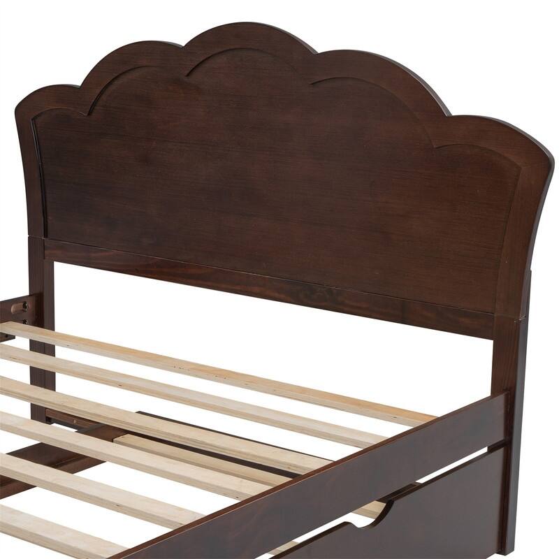 Solid Wood Platform Bed with Twin Size Trundle, Twin/Full Size Bed Frame with Headboard and Slats Support