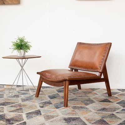 Truman Mid Century Modern Genuine Leather Lounge Chair in Tan