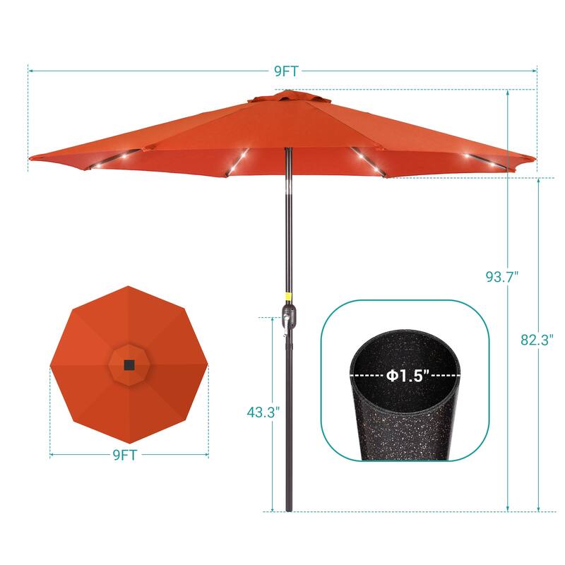 BONOSUKI Patio 9Ft LED Market Umbrellas With Solar Lights, Table Umbrella for Patio and Outdoor With Tilt Button