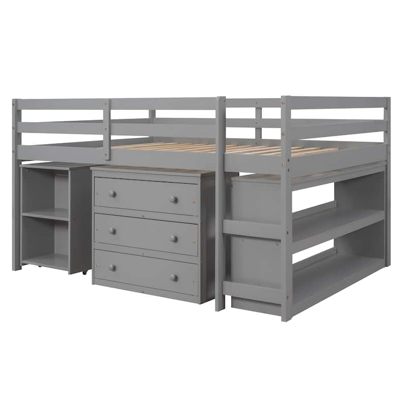 Low Loft Bed with Cabinet Shelves and Rolling Portable Desk