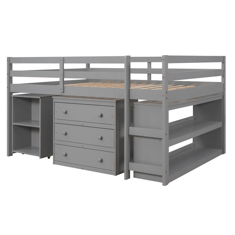 Multiple Functions Low Loft Bed with Cabinet, Shelves and Rolling Portable Desk