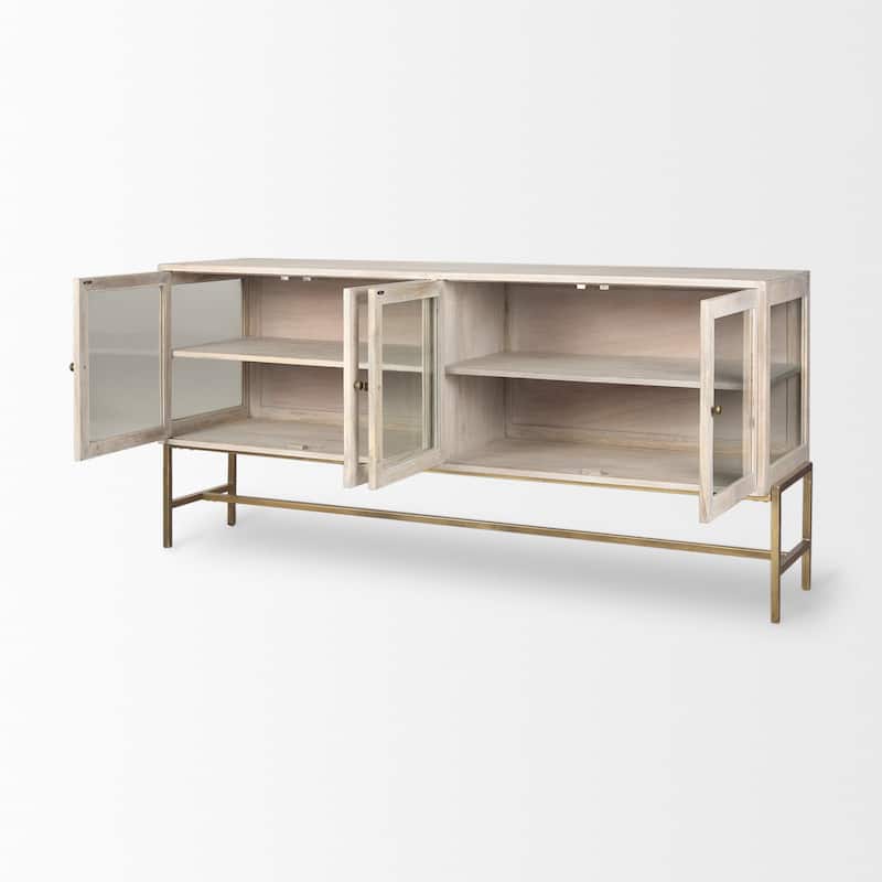Arelius Blonde Solid Wood w/ Gold Iron Base & Glass Doors Sideboard - 70"W x 32"H x 18.75"D