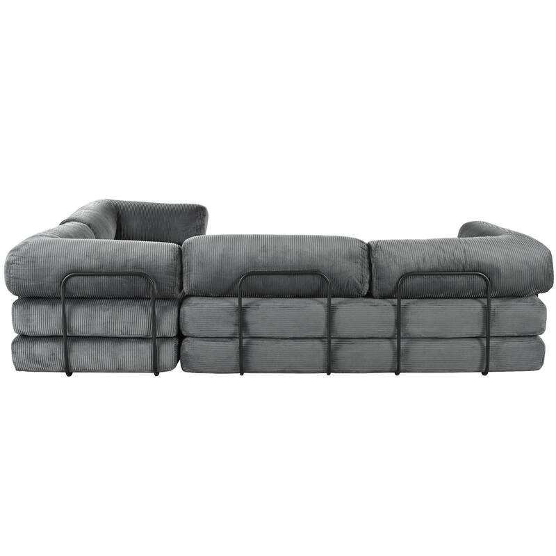 Roomfitters Modern L-Shaped Modular Sofa Bed, Corduroy Convertible Sleeper Sectional Couch with Industrial Metal Frame