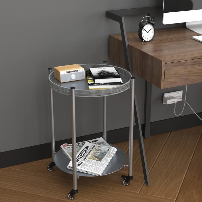 Silver Gray Rolling Coffee Table - 2-Tier Mobile Side Table with Wheels for Living Room, Bedroom & Small Spaces