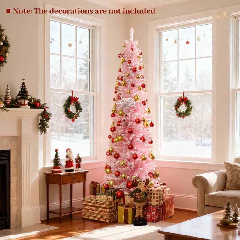 Gymax 6 FT Pink Artificial Christmas Tree Slim Pencil Xmas Tree w/ 328