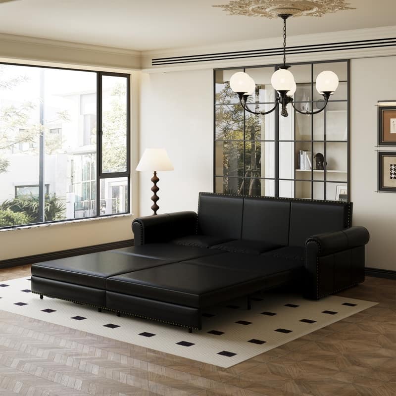 3-in-1 King Pull Out Sofa Bed Chesterfield Sofa, Velvet/Faux Leather Convertible Sleeper Sofa with Nailhead Trim & Rolled Arm