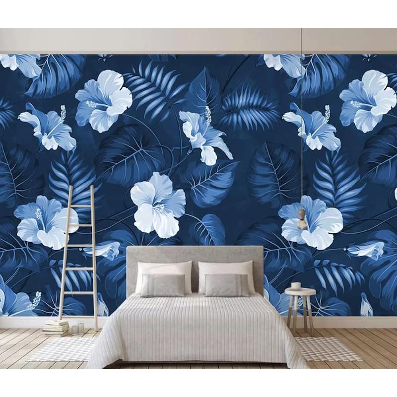 GK Wall Design Dark Floral Mirabilis Flower Blue Leaf Classical Removable Wallpaper