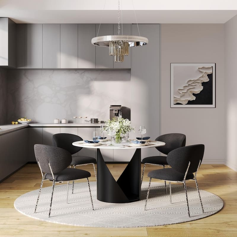 White Round Sintered Stone Dining Table with Matte Black Sandblasted Texture Base