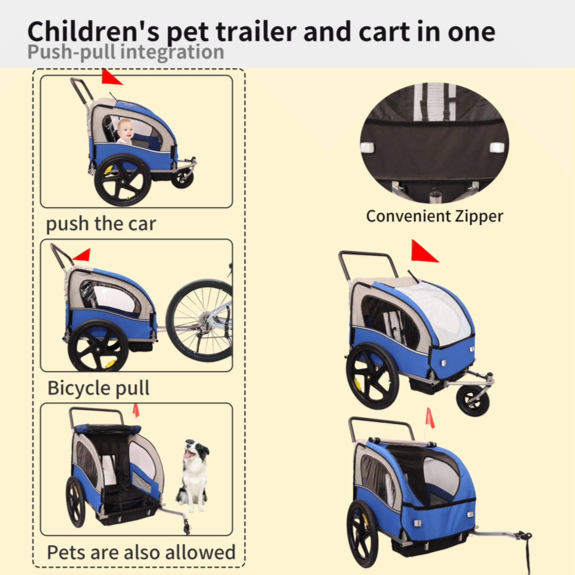 2 in 1 Double 2 Seat Bicycle Bike Trailer Jogger Stroller for Kids Children Foldable Collapsible w Pivot Front Wheel Blue