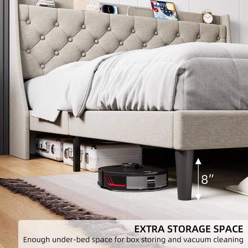 Bed Frame with Charging Station and Storage Shelf