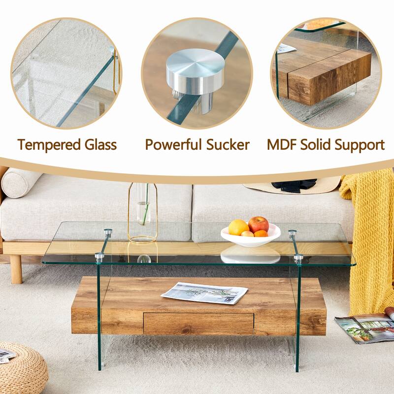 43.3 Inch Modern Two-Tier Coffee Table - Clear Tempered Glass and Wood Grain Texture, Multifunctional Storage Design.The