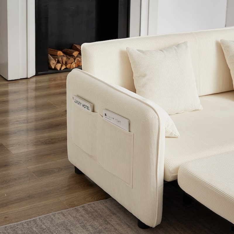 3-in-1 Pull Out Sleeper Sofa Bed, Convertible Corduroy Loveseat Couch with Casters, 4 Pillows and Side Pockets for Living Room