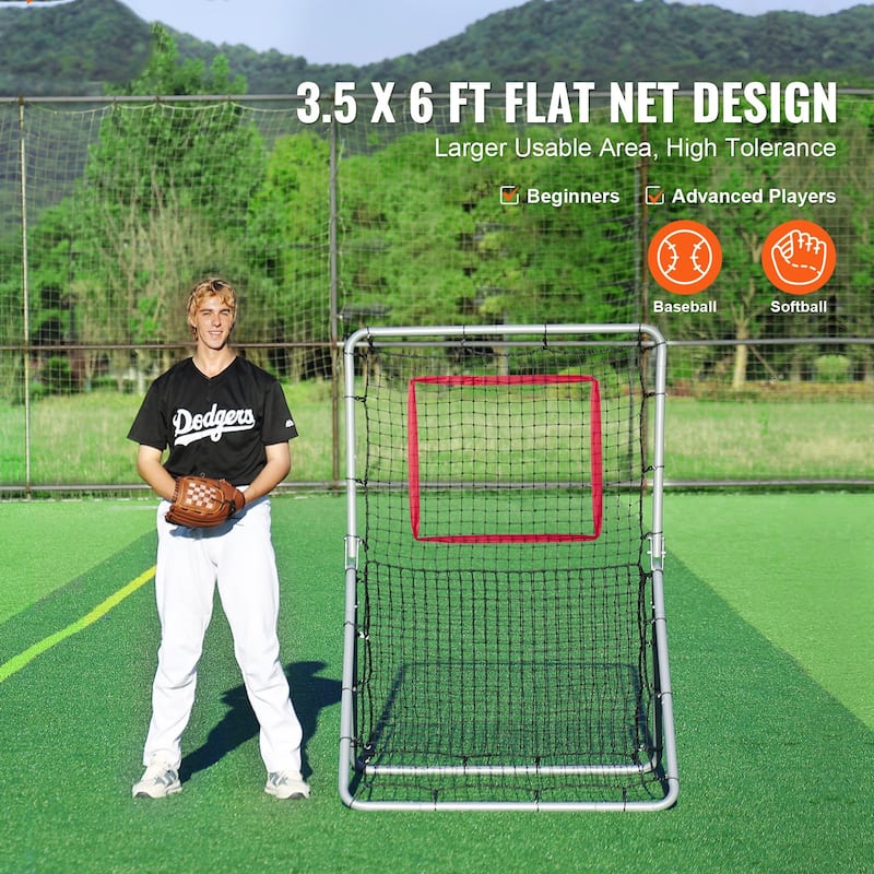 3.5 x 6 Feet Black Baseball and Softball Rebounder Netting with White Steel Frame and 5 Adjustable Angles