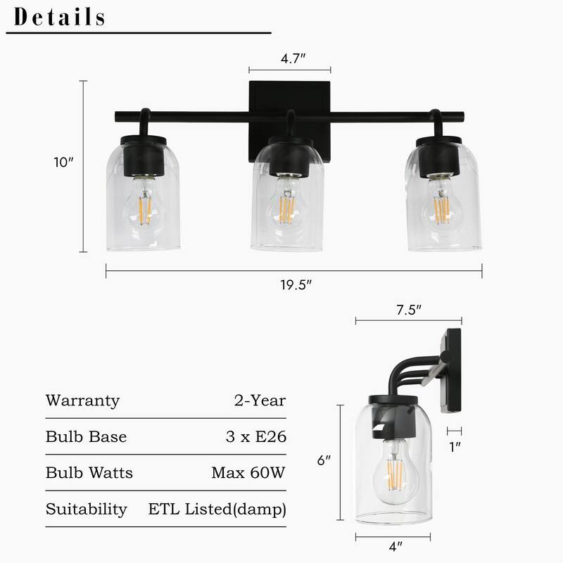 Modern 3-Light Black Gold Linear Bathroom Vanity Light Cylinder Glass Wall Sconces