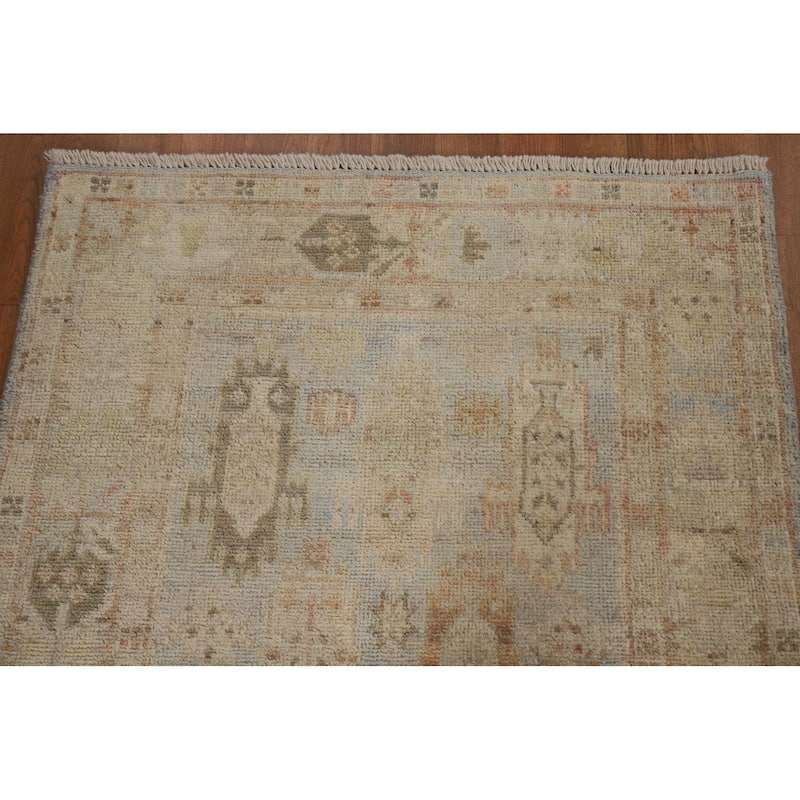 Geometric Oushak Turkish Area Accent Rug Hand-Knotted Wool Carpet - 3'1" x 3'11"