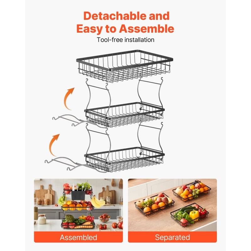 Kitchen Countertop Fruit Storage Rack 3-Tier Matte Black Wire Basket with Side Storage Pouches - 15.16” x 9.06” x 17.91”
