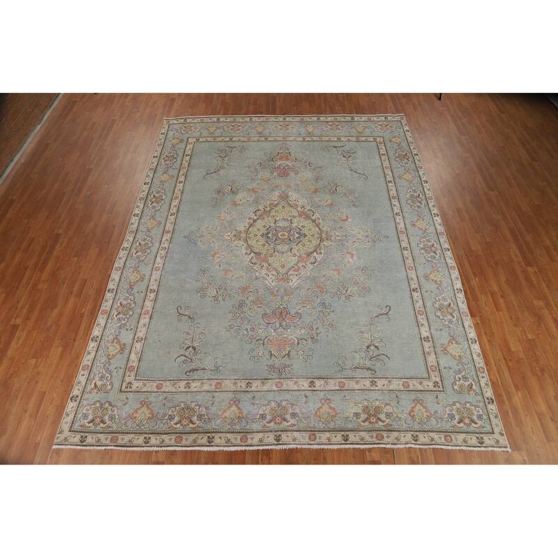 Light Blue Medallion Tabriz Persian Vintage Wool Carpet - 9'7" x 12'8"