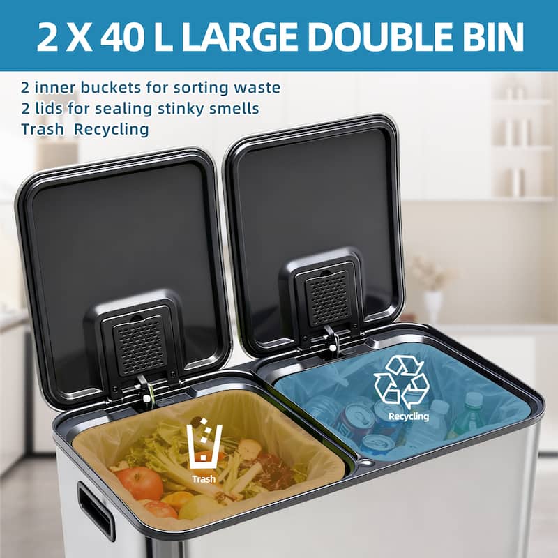 Kitchen Trash Can, 16 Gallon Garbage Can with Dual Inner Bins, Large Capacity 60/80 Liter Trash Can with Soft-Close Foot Pedal