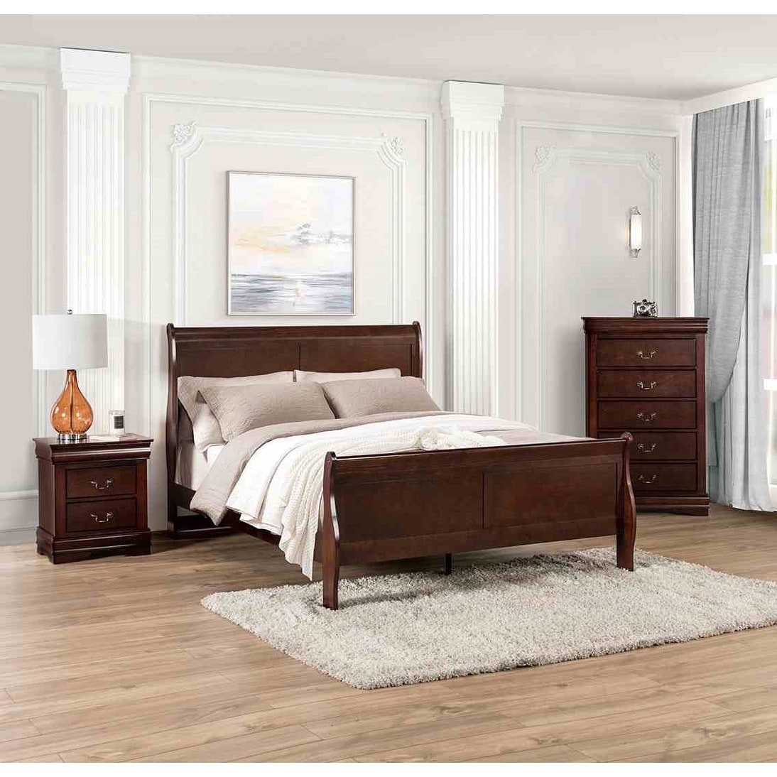Dark Cherry Finish Transitional Solid Wood Bedroom Set 3pc