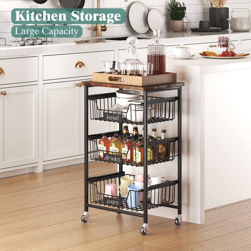 4-Tier Vegetable Fruit Basket Kitchen Storage Rolling Cart on Wheels with Pull-Out Baskets and Wood Top